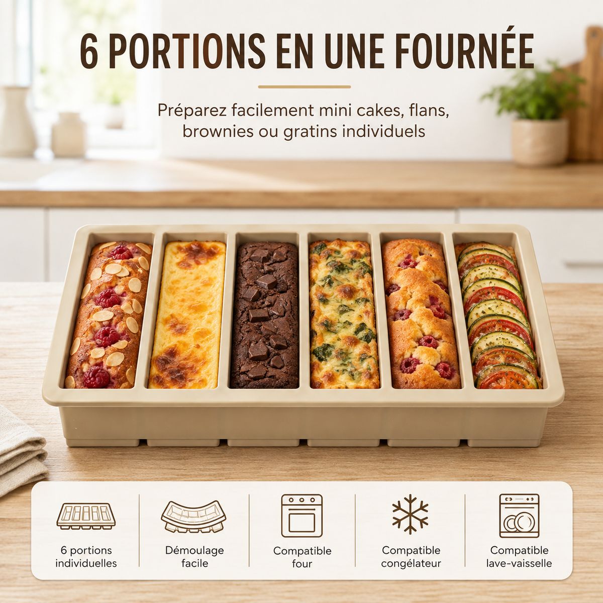 Moule DALENZO dont les six cavités sont remplies de préparations différentes : mini cakes, flan, brownie et gratin