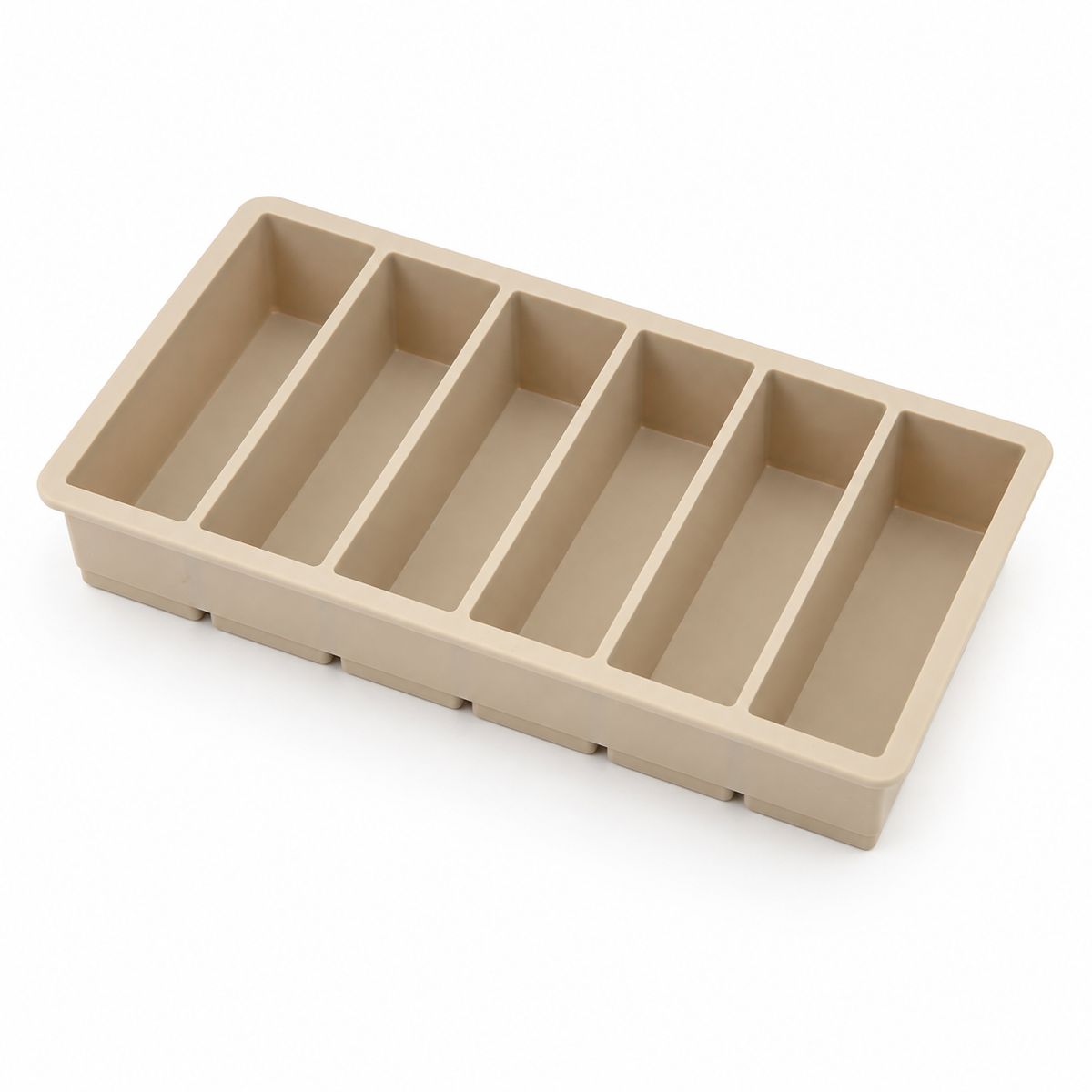 Moule silicone DALENZO beige à 6 cavités allongées, vue de trois quarts