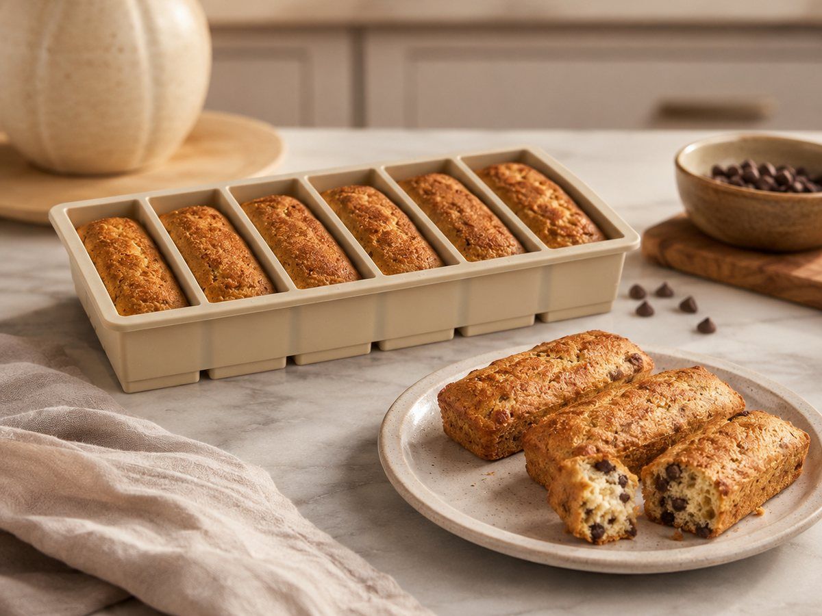 Moule DALENZO beige 6 cavités garni de mini cakes dorés, avec trois portions démoulées sur une assiette