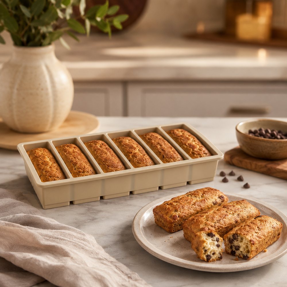 Moule silicone DALENZO 6 cavit&eacute;s avec financiers aux p&eacute;pites de chocolat